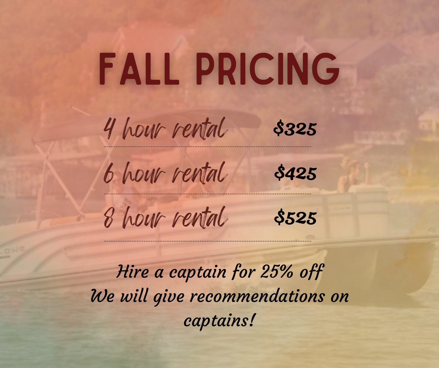 fall pricing discounts for charters and boat rentals at lake of the ozarks